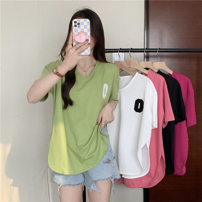 taobao agent Short sleeve T-shirt, top, plus size, 2023 collection, V-neckline, with short sleeve, fitted