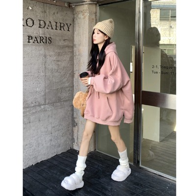 taobao agent Solid hoody, winter sweatshirt, long jacket, plus size, mid-length