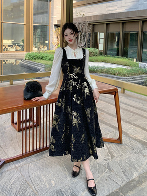 taobao agent Set, winter dress, retro brace, long skirt, plus size, Chinese style, fitted, maxi length