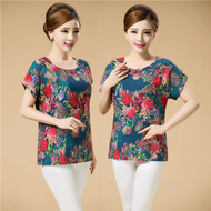 Trung niên và cũ của phụ nữ béo mẹ bông giản dị T 桖 lỏng kích thước lớn rayon vòng cổ bat tay áo áo thun áo cho mẹ