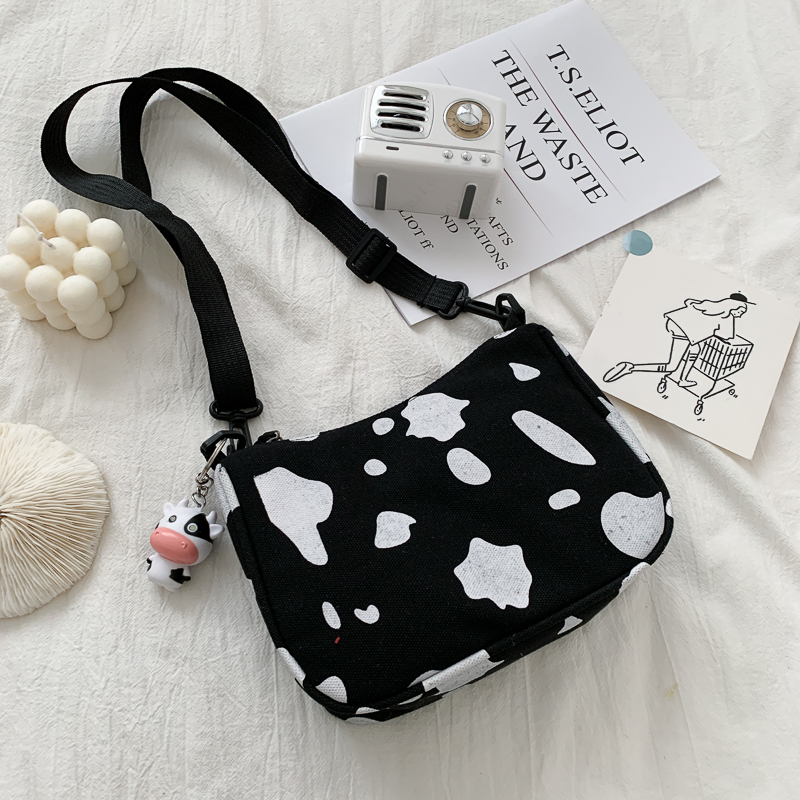 Black (Dairy Pendant)ins solar system Harajuku girl lovely cow One shoulder Inclined shoulder bag the republic of korea chic Soft girl canvas Small bag Adorable