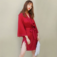 Mùa hè sexy lụa ren áo choàng năm nay áo cưới màu đỏ ren dài tay áo đồ ngủ áo choàng áo choàng tắm phụ nữ áo ngủ thu đông Hàn Quốc