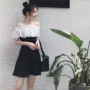 Mùa hè Hàn Quốc phiên bản của chic new slim slimming giản dị từ hoang dã cổ áo sóng điểm strapless Một từ váy váy nữ váy voan xòe