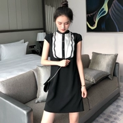 Hàn quốc phiên bản của chic gió cao eo slim slimming lượn sóng side đơn ngực hit màu khâu ngắn tay áo Một từ ăn mặc nữ mùa hè