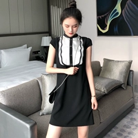 Hàn quốc phiên bản của chic gió cao eo slim slimming lượn sóng side đơn ngực hit màu khâu ngắn tay áo Một từ ăn mặc nữ mùa hè đầm xòe tay dài