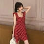 2018 mùa hè Hàn Quốc phiên bản của chic retro sóng điểm V-Cổ xù không tay Một từ cao eo váy mỏng váy nữ váy sát nách chữ a