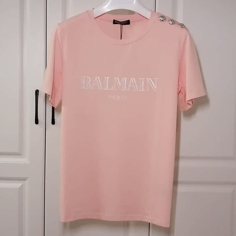 Pink Silver2021 Spring and summer new pattern balmain Half sleeve Star of the same style shoulder  Gold clasp gilding letter Short sleeve Balman T-shirt