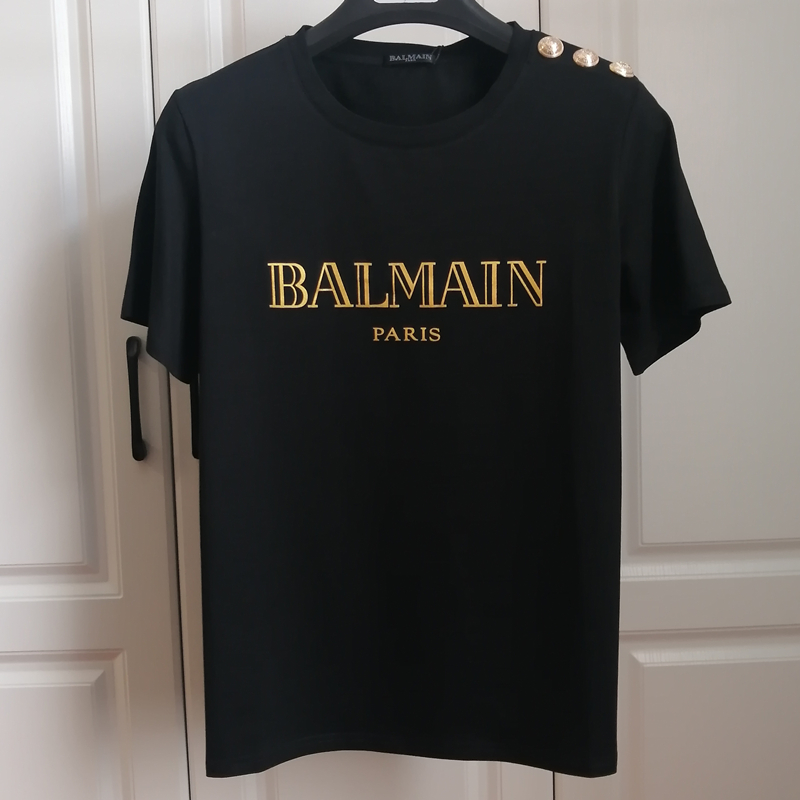 Black Gold Lettering2021 Spring and summer new pattern balmain Half sleeve Star of the same style shoulder  Gold clasp gilding letter Short sleeve Balman T-shirt
