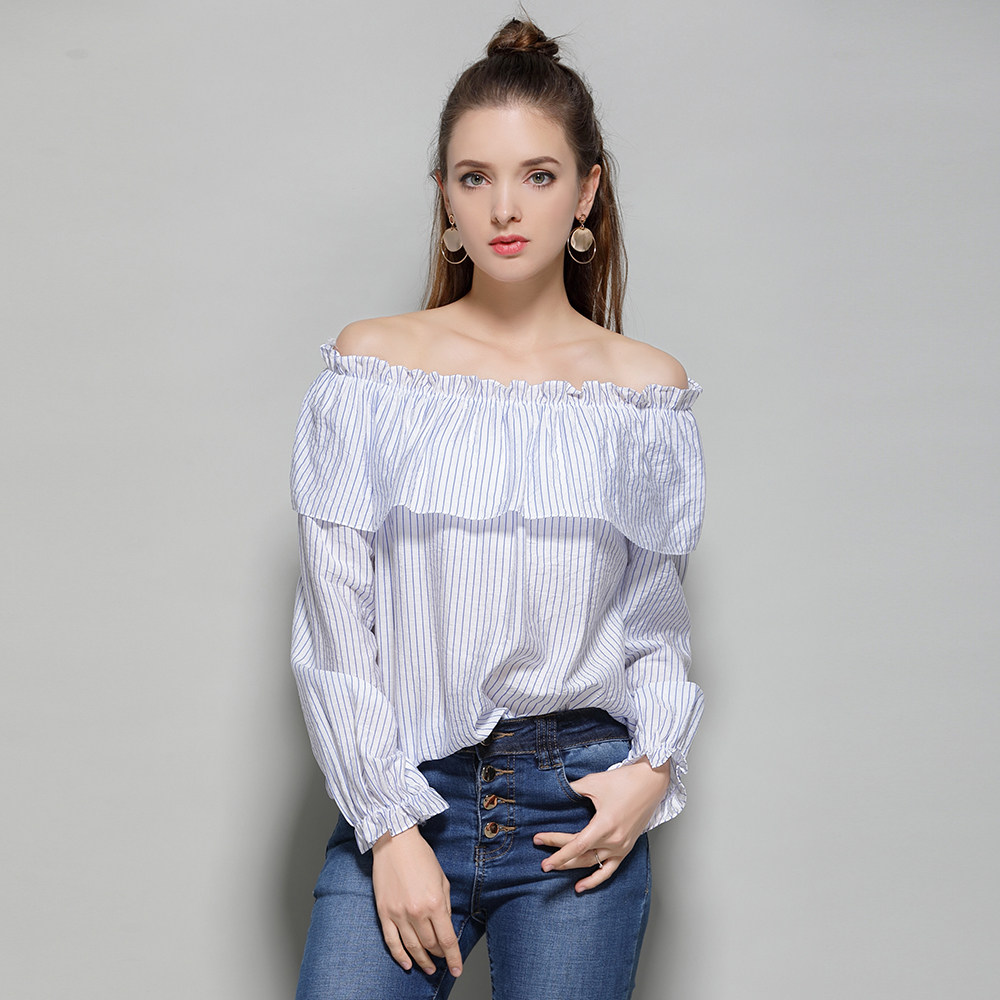 5976#2017秋季新款条纹一字领性感露肩上衣两穿长袖宽松f衬衫