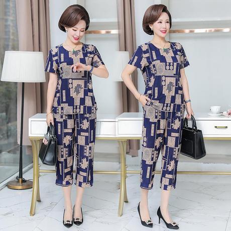 妈妈夏装两件套装新款冰丝时尚短袖T恤大码老人衣服上中老年女装