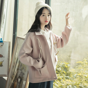 Len áo khoác nữ đoạn ngắn mùa thu và mùa đông quần áo mới của Hàn Quốc phiên bản của lỏng sinh viên hồng sừng khóa dày len áo triều áo khoác măng tô nữ