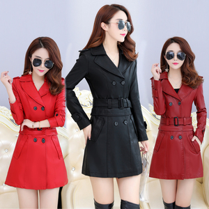 Haining da phụ nữ 2018 mới mùa xuân và mùa thu phần dài slim leather jacket kích thước lớn Slim da áo gió chống mùa khuyến mãi