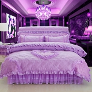 Một gia đình bốn công chúa Hàn Quốc ren gió giường váy màu cộng với khăn trải giường cotton dày màu hồng ren lanh cưới chăn - Bộ đồ giường bốn mảnh
