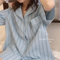 Куртка для йоги 条纹睡衣女夏季套装学生ins公主短袖开衫加大码宽松甜美家居服女 57836