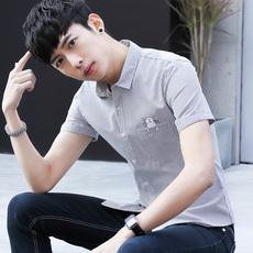 青少年男装短袖小猫衬衫修身青年韩版百搭学生夏季英伦衬衣白