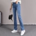 Quần jeans ống suông nữ mùa thu đông 2018 phiên bản mới của Hàn Quốc đã mỏng nhẹ màu eo cao cộng với quần nhung nữ rộng rãi Quần jean