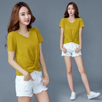 Top hè 2019 phụ nữ mới thủy triều ngắn thời trang cec siêu cháy cotton giản dị áo thun ngắn tay nữ cổ chữ v - Áo phông áo phông ngắn tay