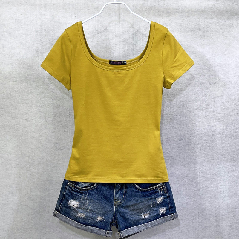 纯棉短袖t恤女U领短款夏装韩范修身百搭性感纯色打底衫半袖女体恤