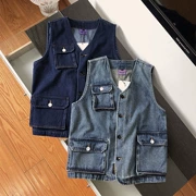 19SS nặng giặt denim nhiều túi dụng cụ vest nam Mỹ retro BF xu hướng vest nam và nữ vest - Dệt kim Vest