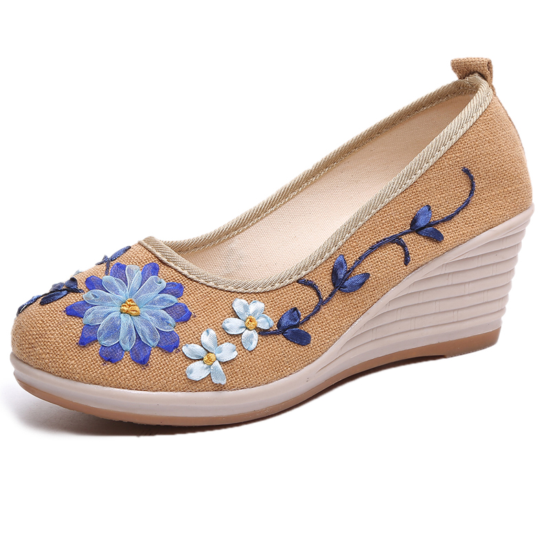 Off WhiteChinese style flax Cloth shoes high-heeled Embroidered shoes female The old Beijing cloth shoes Slope heel Flat bottom Shallow mouth Trochanter ventilation Single shoes