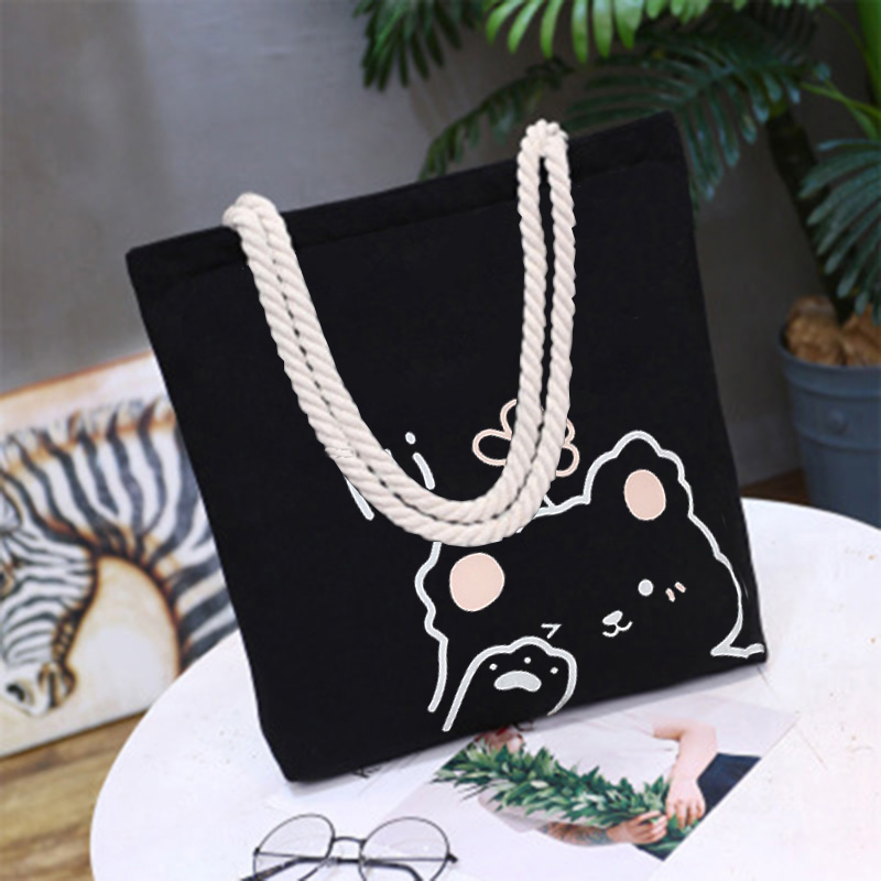 Black Hi Bear Cotton RopeKorean version Canvas bag female literature The single shoulder bag Simple and versatile handbag like a breath of fresh air student a bag leisure time Cloth bag