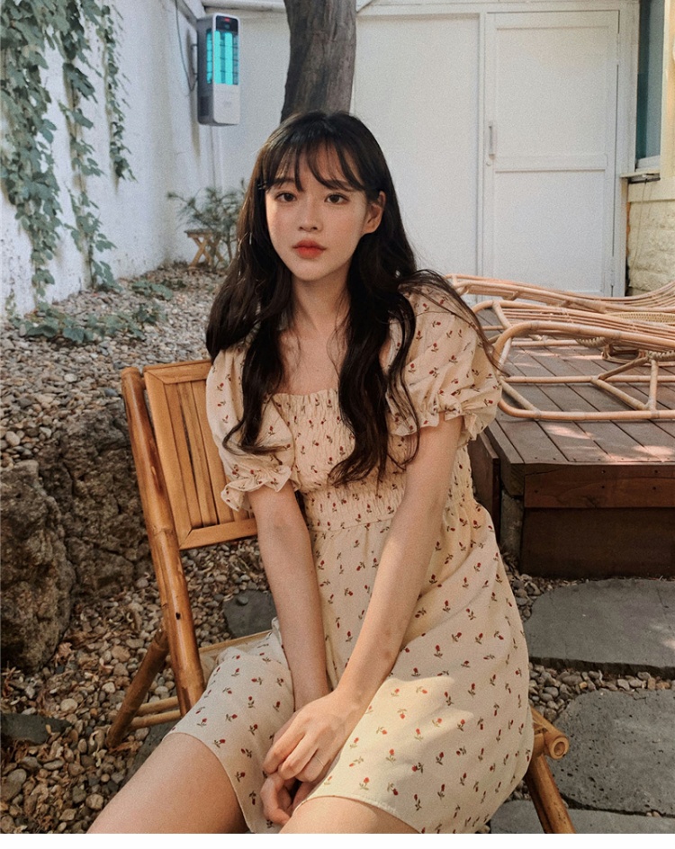 Apricot MFrench Retro little chap Cool and cute Broken flower Chiffon Dress Female collar puff sleeve Hepburn Little black dress