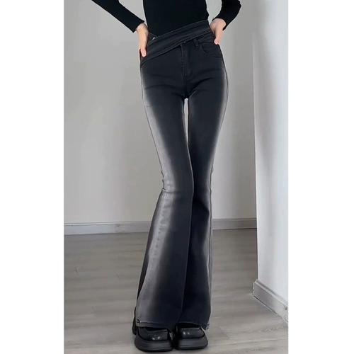 Дизайнерский черный мегафон, весенние джинсы, летние флисовые приталенные штаны, тренд сезона, градиент, высокая талия