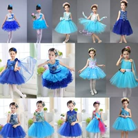 Trẻ em quần áo khiêu vũ trang phục màu xanh công chúa váy tiểu học và trung học sinh viên điệp khúc hiệu suất quần áo cô gái chủ dress đồ biểu diễn trẻ em