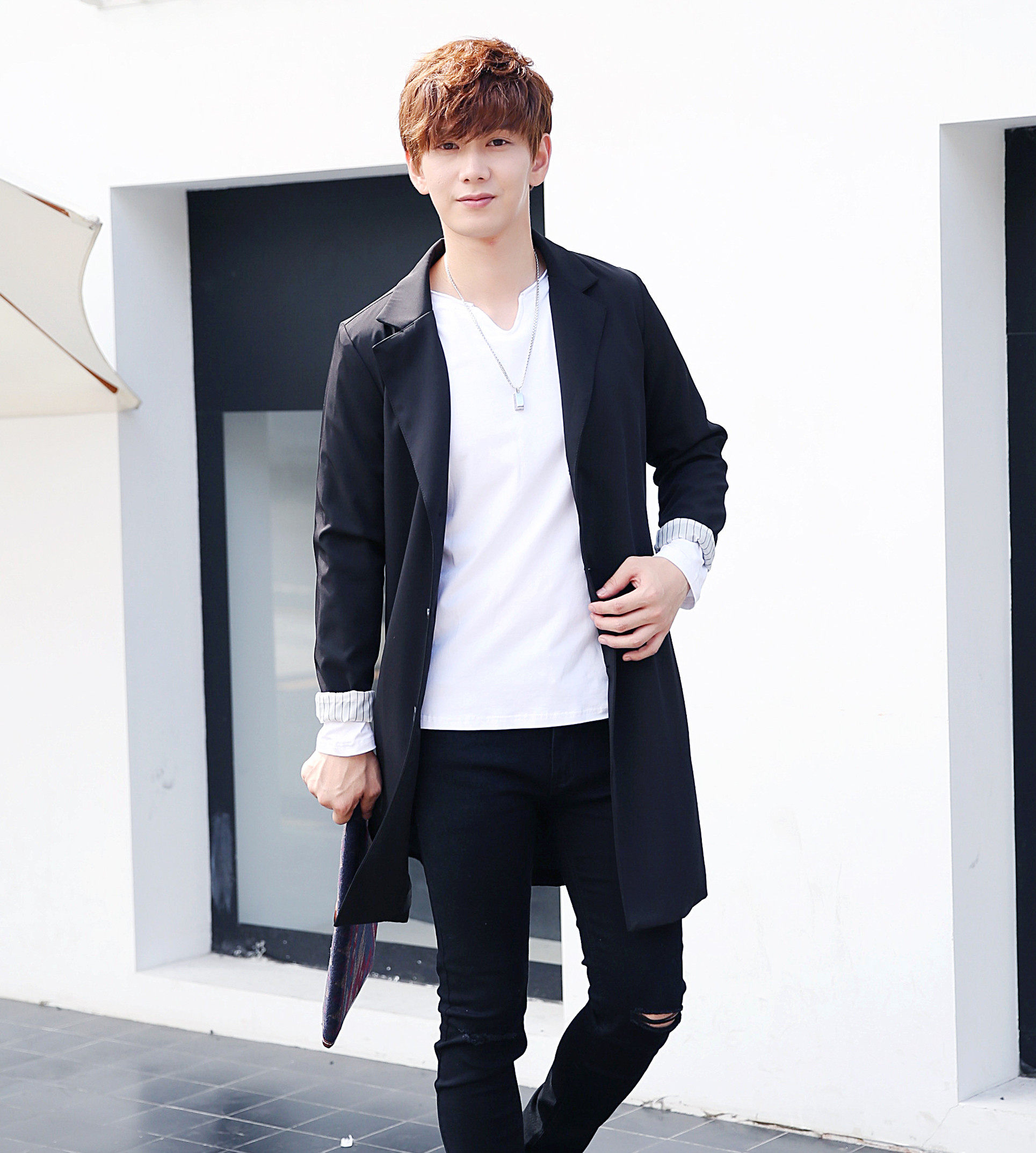 2017春装新款拉风型男个性超长百搭男神夜店纯色西装领潮风衣w29