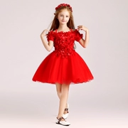 Cô gái đám cưới tutu trẻ em ăn mặc công chúa váy màu đỏ một- vai bé sinh nhật máy chủ đàn piano trang phục