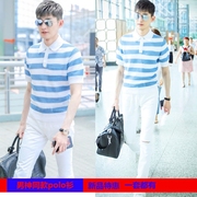 Dây ấm chiếm Nam chuỗi Zhang Han với màu xanh và trắng sọc POLO áo sơ mi ngắn tay T-shirt nam mùa hè Hàn Quốc phiên bản của một nửa tay áo dệt kim