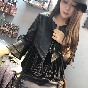 Trạm châu âu mùa xuân và mùa thu mới 2018 da pu da khâu nhung mỏng áo khoác da ngắn áo khoác nữ phải thủy triều