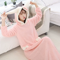 Mùa thu và mùa đông dễ thương trùm đầu dày lông cừu san hô váy ngủ nữ dài tay Hàn Quốc đoạn dài áo choàng flannel đồ ngủ dịch vụ nhà váy thiết kế cao cấp