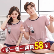 2 bộ của mùa hè vài bộ đồ ngủ cotton ngắn tay Hàn Quốc phiên bản của dễ thương mùa hè đồ ngủ nam giới và phụ nữ phần mỏng dịch vụ nhà phù hợp với