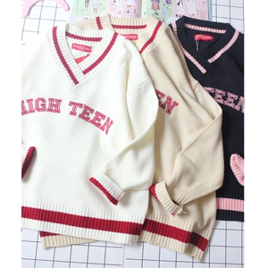 Hàn quốc phiên bản của các cô gái lỏng cổ áo V-cổ thư thêu cao đẳng gió mềm chị gái dệt kim áo len mùa thu và mùa đông mới