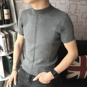 Mùa hè băng lụa mỏng vòng cổ ngắn tay t-shirt nam cao cổ áo len nửa tay Mỏng mùa xuân và mùa thu đan áo len triều