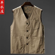 Áo vest nam mùa xuân và mùa thu cỡ lớn cotton nhiều túi vest cao cấp vest vai V-cổ vest nam khóa - Áo vest cotton