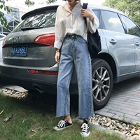 Quần lọt khe lưng cao thiết kế quần jeans ống rộng mùa hè của phụ nữ hoang dã nhẹ nhàng giặt thẳng quần dài quần chín quần - Quần jean chân váy bò