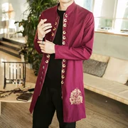 Tang phù hợp với quốc phục đồng tiền khóa thêu lớn áo dài Hanfu nam retro áo khoác gió dài áo khoác nam