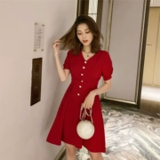 Mùa hè 2019 phiên bản Hàn Quốc mới của chiếc váy eo cao nữ tính retro cổ chữ V đơn ngực một chữ Yamamoto - Sản phẩm HOT