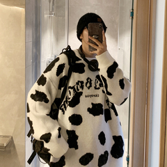 秋冬自製奶牛提花毛衣情侶ins潮流慵懶風寬鬆套頭針織衫保暖毛衣