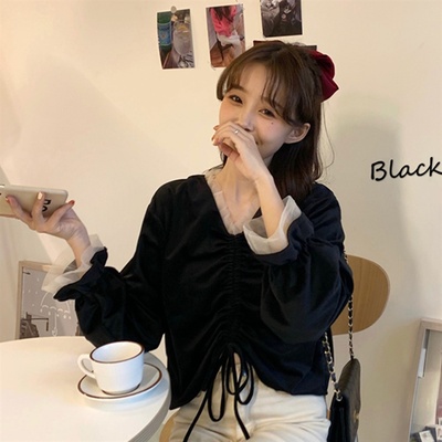 taobao agent Black short design jacket, plus size, french style, V-neckline, trend of season, drawstring, long sleeve