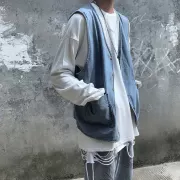 Mz Trung Quốc phong cách high street light wash wash in denim vest nam lỏng kiểu retro card không tay áo ngắn - Dệt kim Vest