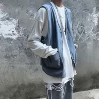 Mz Trung Quốc phong cách high street light wash wash in denim vest nam lỏng kiểu retro card không tay áo ngắn - Dệt kim Vest áo len thu đông