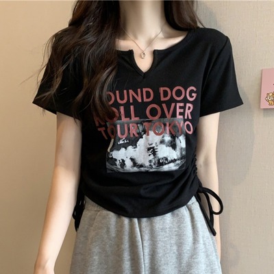 taobao agent Design summer short sleeve T-shirt, short jacket, plus size, trend of season, drawstring, fitted