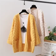 Mùa xuân 2019 phiên bản Hàn Quốc của áo len nữ alpaca mới của phụ nữ áo len rỗng túi dệt kim - Cardigan