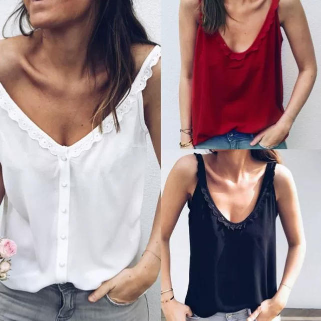 Летняя женская майка-узкая футболка с V-образным вырезом и кружевной футболкой-майкой
