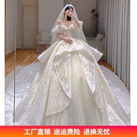 Одно -словесное платье на плечо свадебное свадебное платье 2022 Новое невеста высокие тяжелые рабочие роскошные большие драг -хвост французская главная пряжа высокая текстура