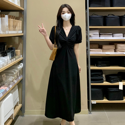 taobao agent Black knitted summer advanced dress, long long skirt, plus size, high-quality style, bright catchy style, A-line