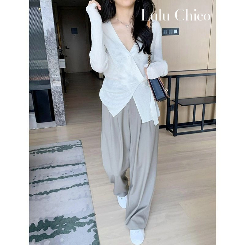 Lulu Chico Korean-style grey casual pants for women in autumn, high-waisted, drape straight-leg pants, loose, full-length, floor-length sweatpants